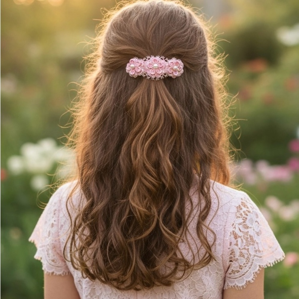 Elegant Pink Embroidered Floral Hair Clip , NWOT and Handmade